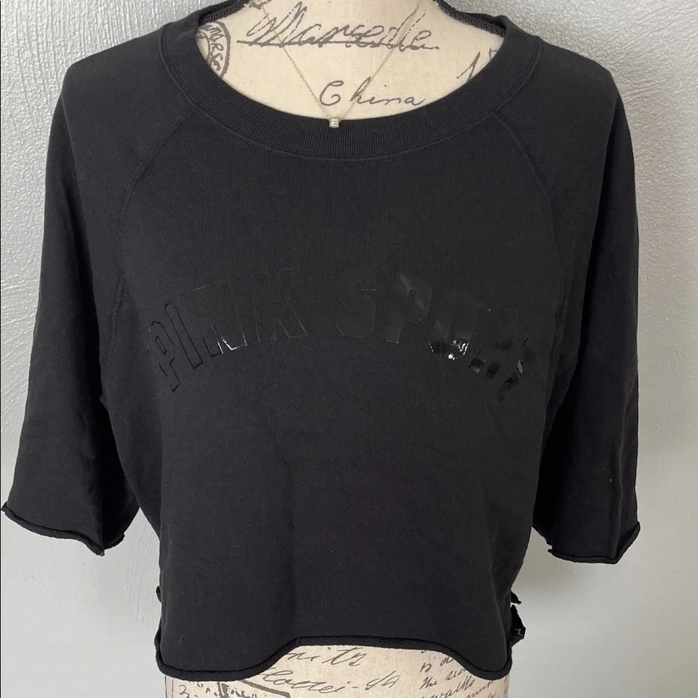 PINK Victoria’s Secret Black Cropped Sweatshirt Glossy Logo Top Small - Picture 3 of 7